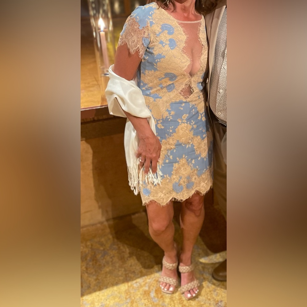 Storia Floral Lace Mini Dress in Blue and Cream